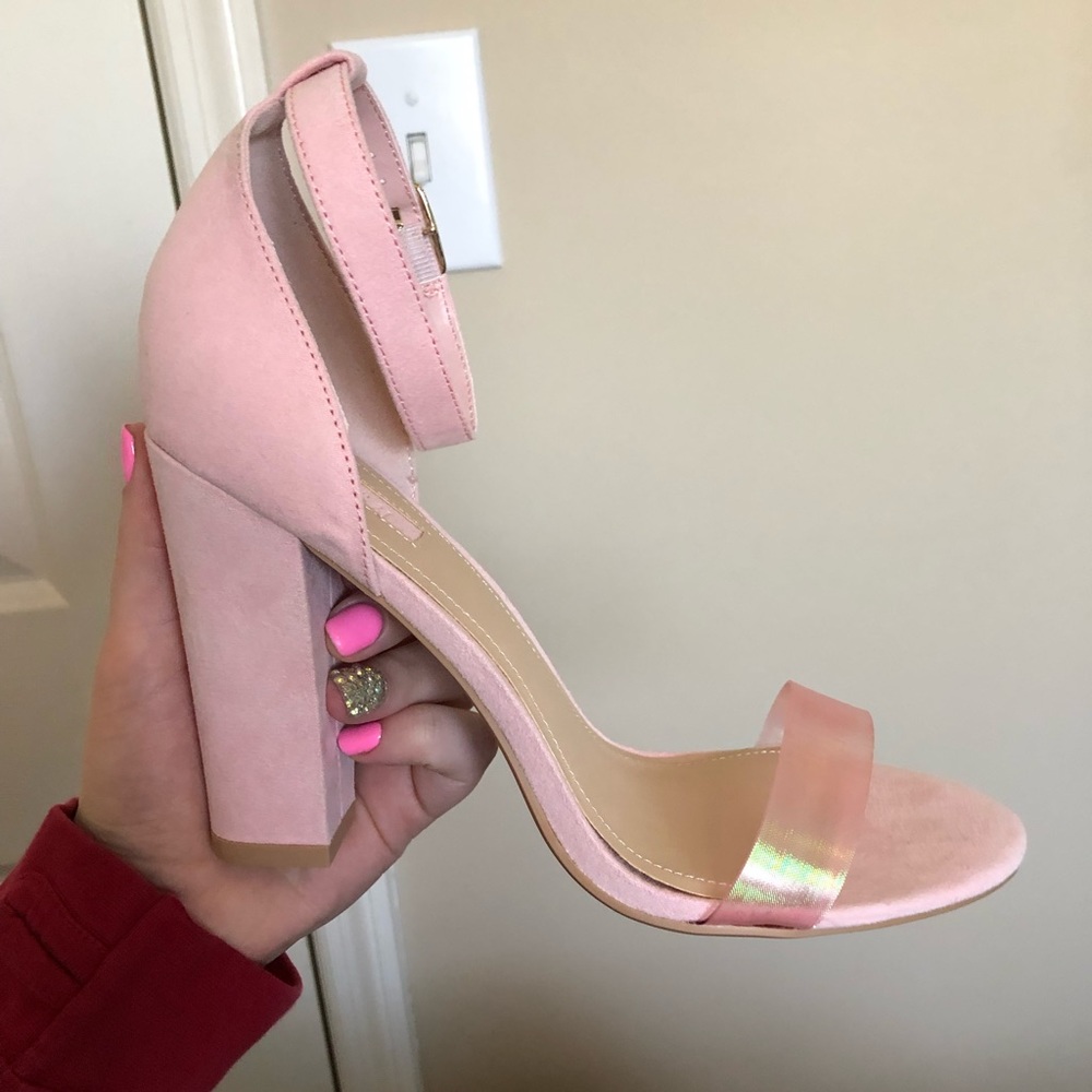 Pink faux suede block heels w/ iridescent strap